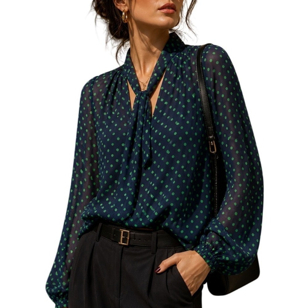 Lauren Ralph Lauren Navy Green Polka Dot Tie Neck Peplum Blouse XL Long Sleeve
